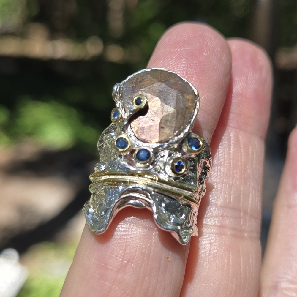 Black & Blue Sapphire Ornate Silver & Gold Moon Ring Sz7.5 - Picture 9 of 9